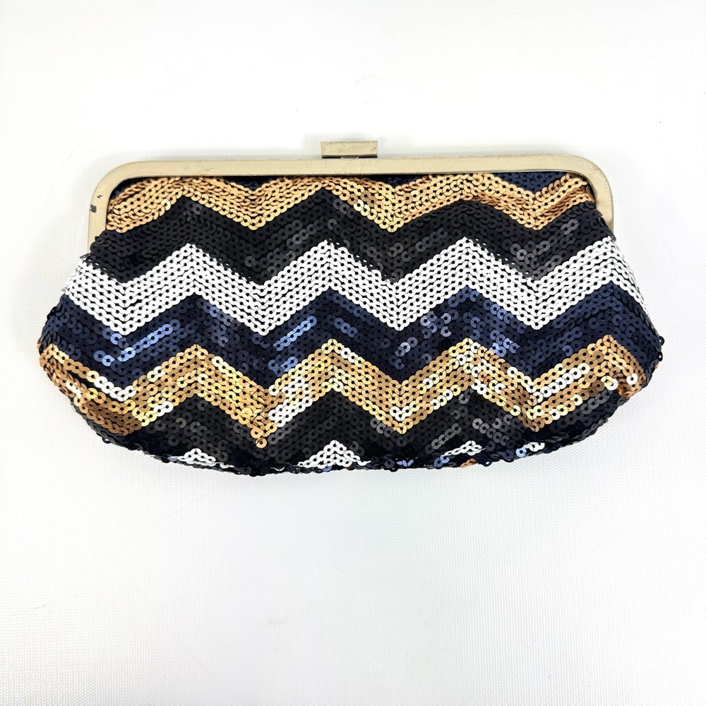 Lulu Townsend chevron sequined clutch w silver chain. Black white navy & bronze - Picture 5 of 11